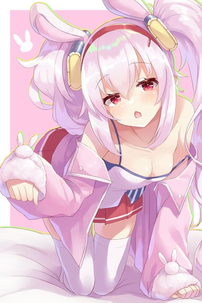 Anime picture 900x1350 with azur lane laffey (azur lane) miimu (nelreg3) single long hair tall image looking at viewer blush fringe open mouth light erotic simple background hair between eyes red eyes twintails animal ears payot cleavage silver hair full body