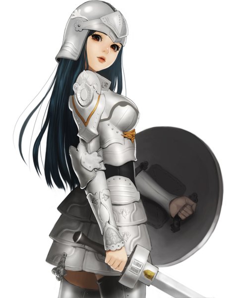 Anime picture 1200x1500 with original meto31 single long hair tall image looking at viewer open mouth simple background white background brown eyes blue hair warrior girl weapon sword armor thigh boots helmet spaulder (spaulders) shield