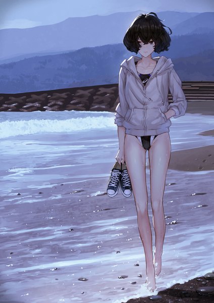 Anime picture 1000x1414 with original kaoming single tall image fringe short hair light erotic black hair hair between eyes holding brown eyes looking away full body outdoors barefoot bare legs hand in pocket walking scenic shoes removed