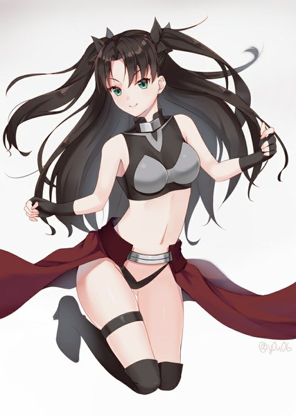 Anime-Bild 712x1000 mit fate (series) fate/stay night type-moon toosaka rin you06 single long hair tall image looking at viewer light erotic black hair simple background smile white background green eyes signed bent knee (knees) bare belly midriff two side up