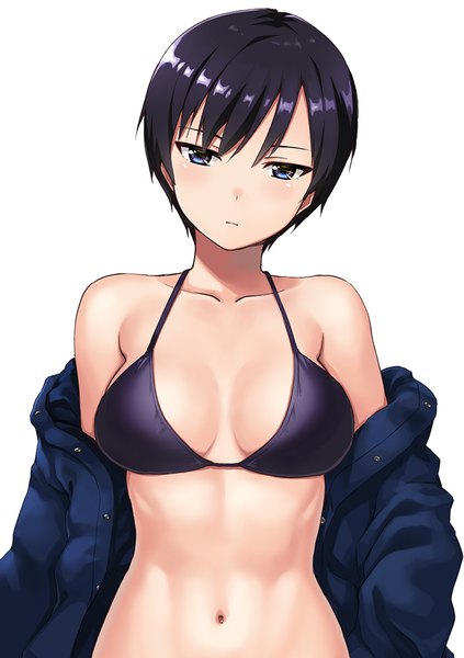 Anime-Bild 705x1000 mit original hashi single tall image looking at viewer blush fringe short hair breasts blue eyes light erotic black hair simple background hair between eyes large breasts white background bare shoulders upper body off shoulder open jacket