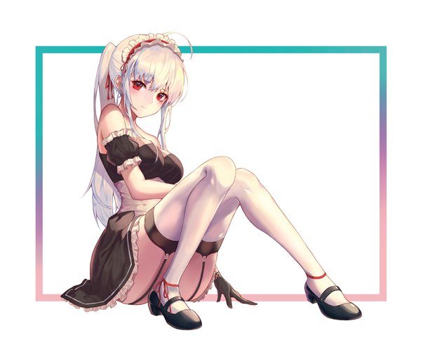 Anime picture 3607x2955 with original dal song single long hair looking at viewer blush fringe highres breasts light erotic hair between eyes red eyes sitting bare shoulders payot absurdres ahoge white hair ponytail maid