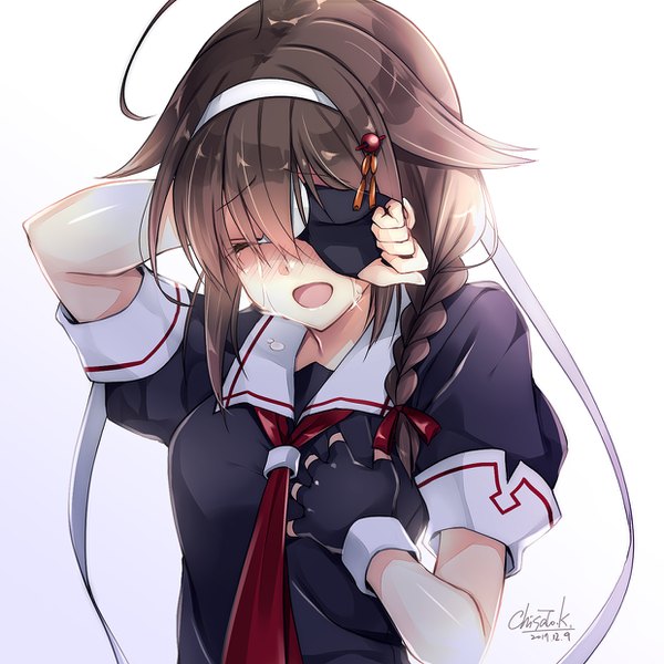 Anime picture 1240x1240 with kantai collection shigure destroyer kobayashi chisato single long hair blush fringe breasts open mouth black hair simple background hair between eyes white background ahoge upper body braid (braids) eyes closed :d arm up short sleeves