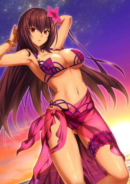 Anime picture 1555x2200 with fate (series) fate/grand order scathach (fate) (all) scathach (swimsuit assassin) (fate) emanon123 single long hair tall image looking at viewer breasts light erotic red eyes large breasts purple hair hair flower girl navel flower (flowers) swimsuit bikini