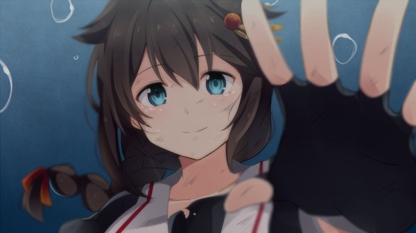 Anime picture 1624x912 with kantai collection shigure destroyer yukichi (eikichi) single long hair looking at viewer blush fringe simple background smile brown hair wide image braid (braids) aqua eyes outstretched arm single braid remodel (kantai collection) dirty girl gloves