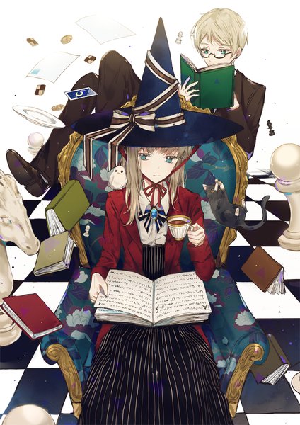 Anime picture 700x990 with original dangmill long hair tall image fringe short hair blue eyes blonde hair sitting holding animal on shoulder reading bird on shoulder checkerboard cookie girl boy skirt bow hat animal