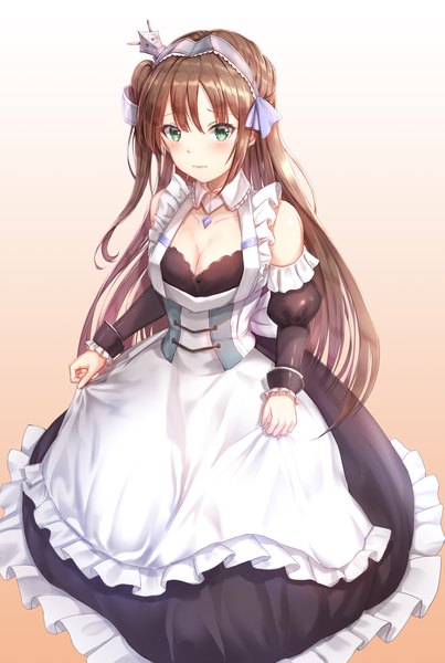 Anime picture 1205x1795 with azur lane newcastle (azur lane) lunacle single long hair tall image looking at viewer blush fringe breasts simple background hair between eyes brown hair standing green eyes payot cleavage maid puffy sleeves one side up