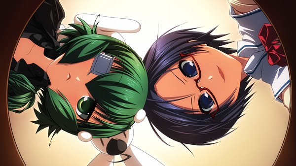 Anime picture 1024x576 with uni. special limited edition (game) short hair blue eyes black hair wide image multiple girls green eyes game cg green hair girl 2 girls glasses