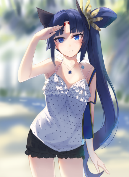 Anime picture 783x1073 with fate (series) fate/grand order ushiwakamaru (fate) akame (akamiru) single tall image looking at viewer fringe blue eyes black hair smile outdoors very long hair alternate costume sleeveless side ponytail polka dot girl shorts pendant