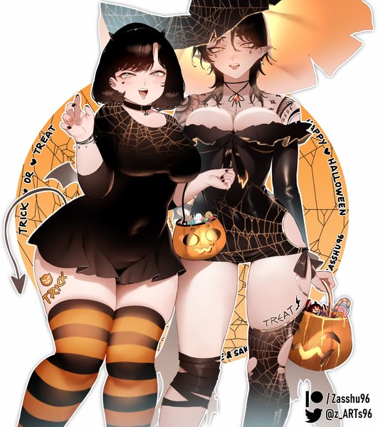 Anime picture 1769x2000 with original zasshu tall image looking at viewer highres short hair breasts open mouth light erotic black hair large breasts standing multiple girls yellow eyes tail :d pointy ears tattoo halloween demon girl