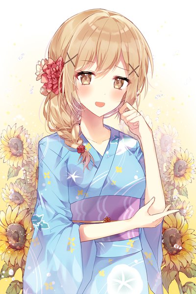 Anime picture 1181x1771 with bang dream! ichigaya arisa taya oco single long hair tall image looking at viewer blush fringe open mouth smile brown hair standing brown eyes payot braid (braids) traditional clothes :d japanese clothes hair flower
