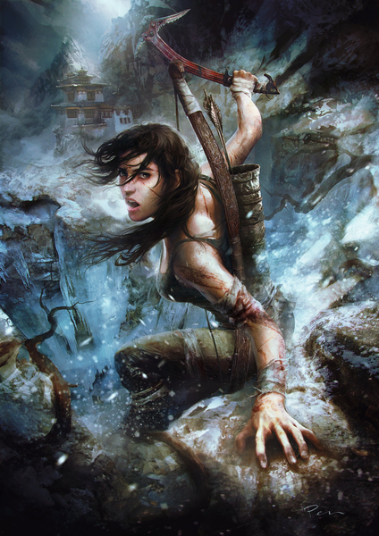 Anime picture 1024x1448 with tomb raider lara croft single long hair tall image looking at viewer blush open mouth black hair bare shoulders ponytail profile black eyes arm support teeth snowing winter smoke snow injury