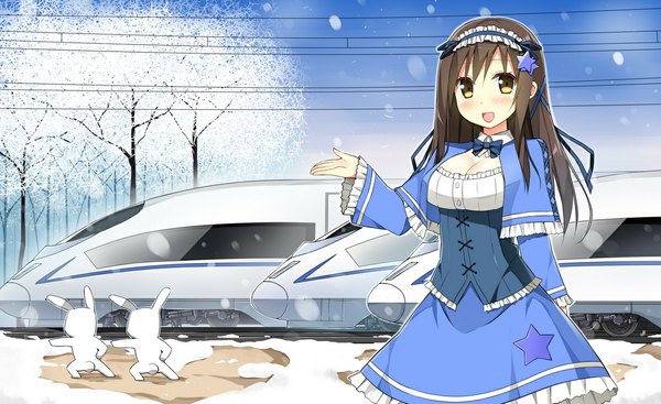 Anime picture 1144x700 with original sky-freedom single long hair blush black hair wide image brown eyes snowing winter snow girl dress hair ornament plant (plants) tree (trees) hairband star (symbol) star hair ornament train