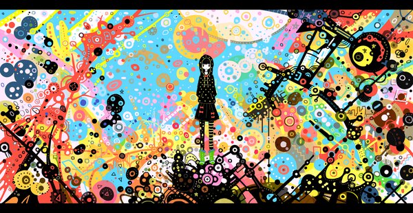 Anime picture 1936x1000 with original kamin (pixiv) single looking at viewer highres short hair black hair wide image standing black eyes letterboxed hands in pockets abstract girl thighhighs skirt pantyhose choker boots hood