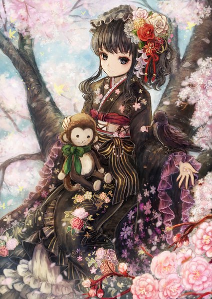 Anime picture 600x847 with original emone04 single long hair tall image blush fringe black hair sitting payot looking away sky traditional clothes japanese clothes hair flower light smile from above black eyes wide sleeves cherry blossoms