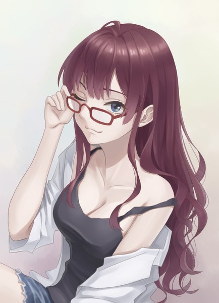 Anime picture 2100x2900 with idolmaster idolmaster cinderella girls ichinose shiki 243365406 single long hair tall image looking at viewer fringe highres breasts blue eyes simple background smile brown hair sitting payot cleavage ahoge one eye closed