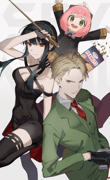 Anime picture 3035x4965 with spy x family yor briar anya (spy x family) twilight (spy x family) karasuro long hair tall image looking at viewer highres short hair open mouth black hair blonde hair smile red eyes multiple girls green eyes pink hair absurdres cleavage