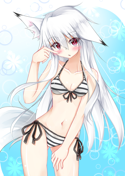 Anime picture 1491x2098 with original masa000010 single long hair tall image looking at viewer blush fringe breasts light erotic simple background red eyes animal ears cleavage silver hair tail animal tail fang (fangs) fox ears fox tail