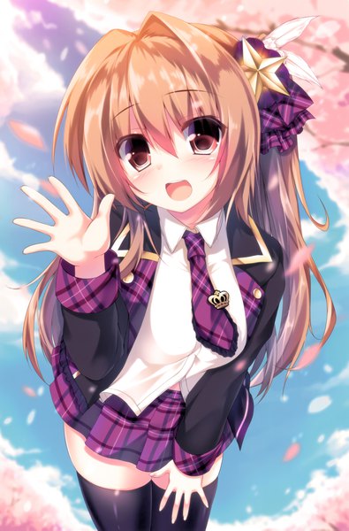 Anime picture 2958x4490 with original aomi maika syroh single long hair tall image looking at viewer fringe highres hair between eyes brown eyes outdoors pleated skirt orange hair leaning zettai ryouiki leaning forward side ponytail waving girl