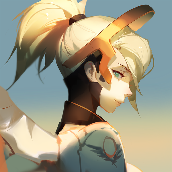 Anime picture 800x800 with overwatch blizzard entertainment mercy (overwatch) ask (askzy) single looking at viewer fringe short hair blonde hair smile green eyes upper body ponytail profile gradient background portrait face expressionless girl hair ornament