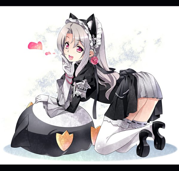 Anime picture 1000x954 with original kousaki rui single long hair open mouth red eyes animal ears silver hair cat ears letterboxed girl thighhighs dress skirt flower (flowers) miniskirt white thighhighs headdress heart toy
