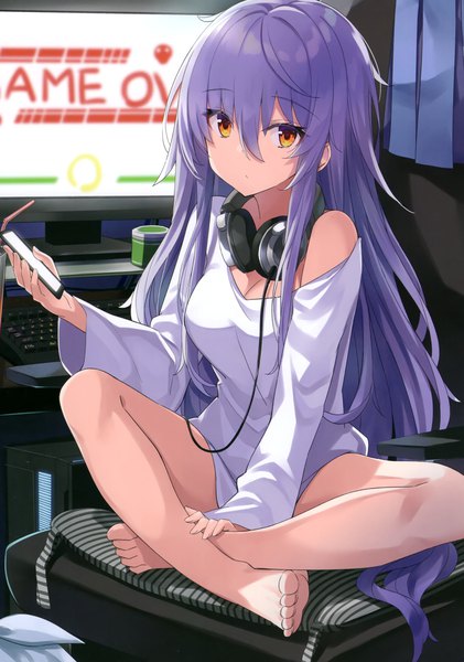 Anime picture 2057x2934 with original takehana note single long hair tall image looking at viewer blush fringe highres breasts light erotic hair between eyes sitting holding yellow eyes cleavage purple hair full body bent knee (knees) indoors
