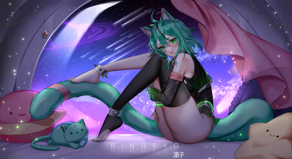Anime picture 8420x4593 with original ringeko-chan single looking at viewer blush fringe highres short hair light erotic hair between eyes wide image sitting green eyes signed animal ears absurdres full body ahoge ass tail