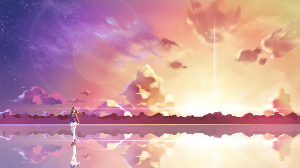 Anime picture 1920x1080 with original ame no uta (aria-rain) single long hair fringe highres hair between eyes brown hair wide image looking away sky cloud (clouds) full body outdoors pleated skirt looking back sunlight zettai ryouiki night sky lens flare