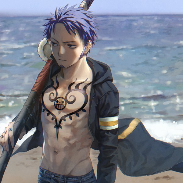 Anime picture 2731x2732 with one piece toei animation trafalgar law 4myaku1 single tall image highres short hair looking away purple hair outdoors black eyes open clothes tattoo piercing groin ear piercing horizon expressionless sheathed