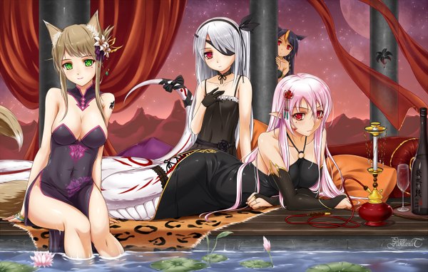 Anime picture 3000x1912 with original midnight (artist) long hair looking at viewer blush fringe highres breasts light erotic black hair smile red eyes brown hair sitting multiple girls green eyes pink hair silver hair tail mole