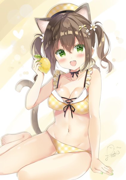 Anime picture 1442x2048 with original saeki sora single tall image looking at viewer blush fringe short hair breasts open mouth light erotic smile hair between eyes brown hair large breasts sitting twintails bare shoulders holding green eyes