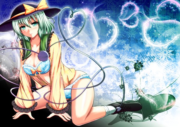 Anime picture 1278x906 with touhou komeiji koishi taka (hiroa) single looking at viewer blush short hair light erotic green eyes cleavage green hair open clothes wide sleeves arm support bare legs leaning spread legs embarrassed leaning forward heart of string