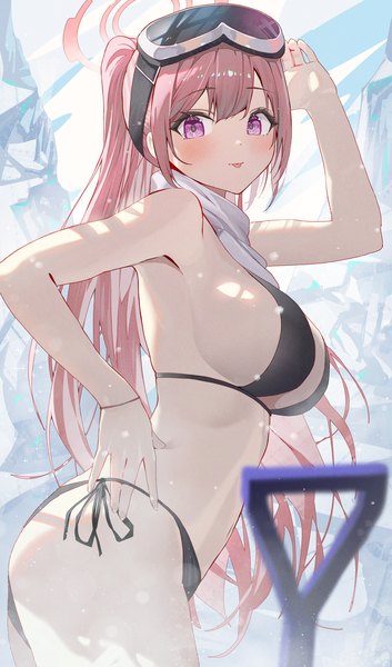 Anime picture 2000x3400 with blue archive eimi (blue archive) eimi (swimsuit) (blue archive) hidulume single long hair tall image looking at viewer fringe highres breasts light erotic hair between eyes large breasts standing pink hair ponytail pink eyes arm up hand on hip