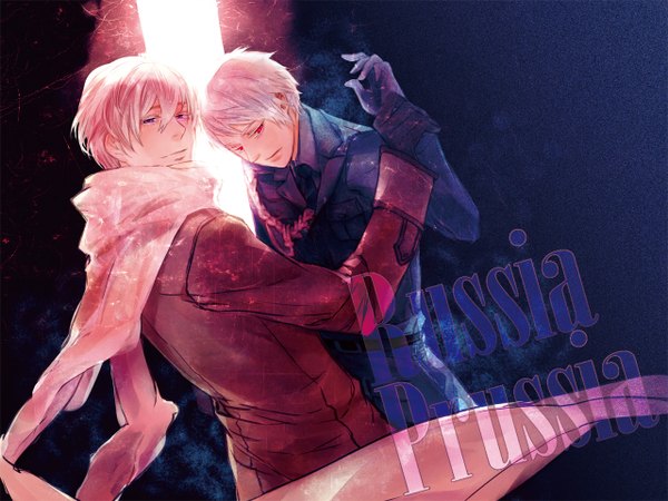 Anime picture 1280x962 with axis powers hetalia studio deen russia (hetalia) prussia (hetalia) beepaint short hair blonde hair red eyes purple eyes looking back inscription light boy gloves scarf cloak coat