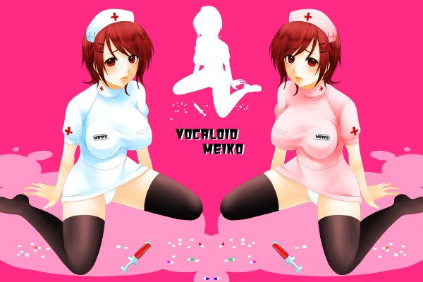 Anime picture 2400x1600 with vocaloid meiko highres light erotic pink background nurse girl
