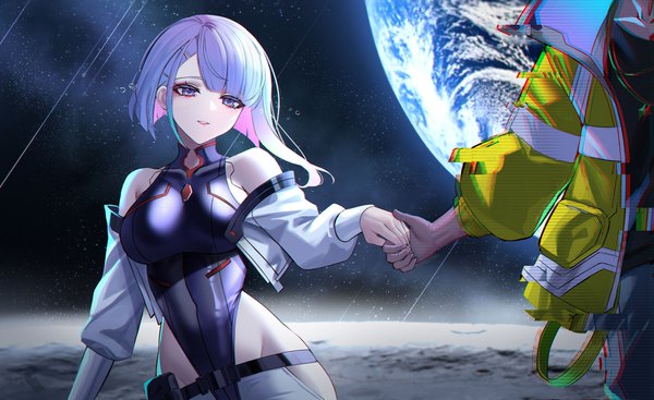 Anime picture 2500x1529 with cyberpunk edgerunners studio trigger lucy (cyberpunk) david martinez eternity (shadeh) fringe highres short hair breasts light erotic wide image large breasts standing purple eyes bare shoulders looking away silver hair outdoors parted lips multicolored hair