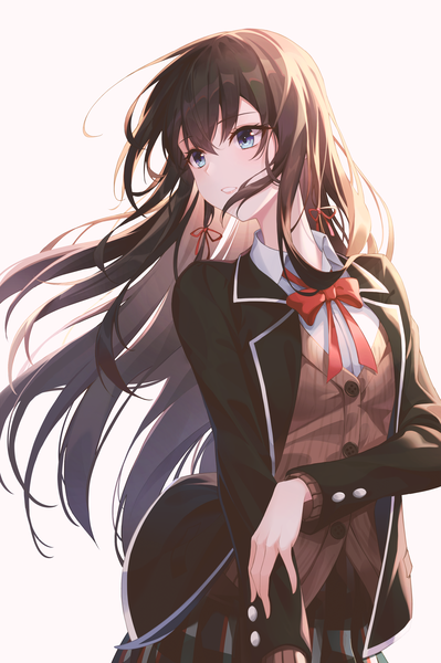 Anime picture 3294x4950 with yahari ore no seishun love comedy wa machigatteiru. brains base (studio) yukinoshita yukino star-ring single long hair tall image fringe highres blue eyes black hair simple background hair between eyes standing looking away absurdres long sleeves parted lips open clothes girl