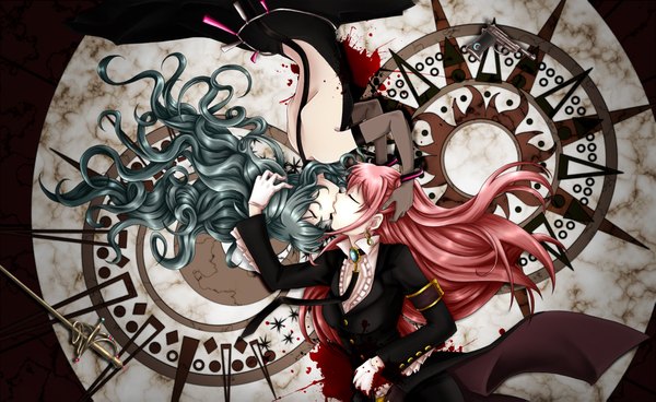 Anime picture 2200x1351 with vocaloid kurai mori no circus (vocaloid) hatsune miku megurine luka long hair highres wide image multiple girls pink hair green hair shoujo ai kiss girl dress gloves 2 girls sword necktie elbow gloves gun