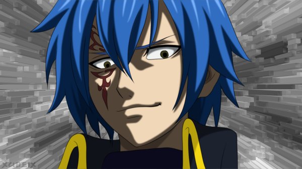Anime picture 1280x720 with fairy tail jellal fernandes xubeix single short hair simple background smile wide image blue hair grey eyes tattoo coloring portrait face boy