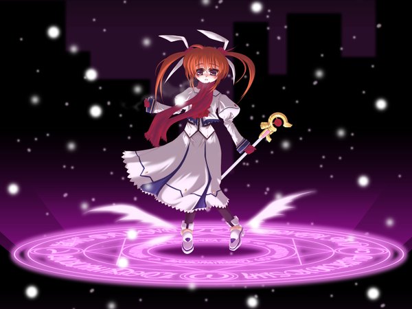 Anime picture 1600x1200 with mahou shoujo lyrical nanoha takamachi nanoha frapowa single highres twintails magic girl dress gloves scarf magic circle wand