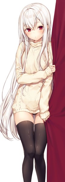 Anime-Bild 1058x2964 mit original kasako (kasu) komeshiro kasu single long hair tall image looking at viewer blush fringe breasts open mouth light erotic simple background hair between eyes red eyes white background payot silver hair lying long sleeves