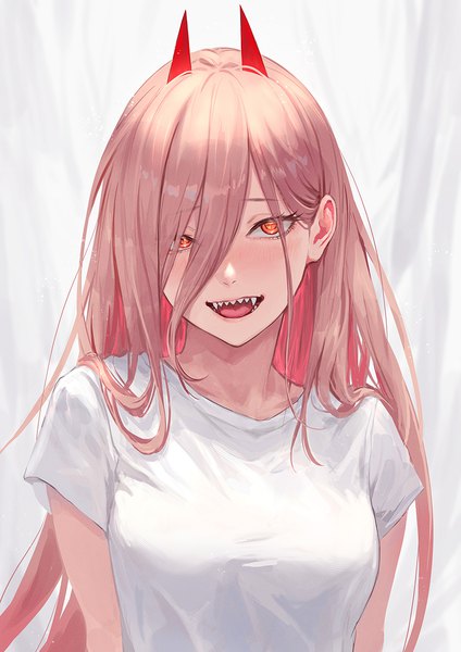 Anime-Bild 900x1273 mit chainsaw man mappa power (chainsaw man) guchico single long hair tall image looking at viewer blush fringe open mouth smile pink hair upper body :d horn (horns) hair over one eye teeth short sleeves orange eyes