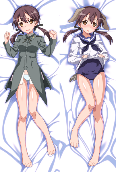 Anime picture 740x1100 with strike witches gertrud barkhorn okina sen long hair tall image blush open mouth light erotic smile brown hair twintails animal ears yellow eyes tail lying animal tail embarrassed legs dakimakura (medium) dual persona