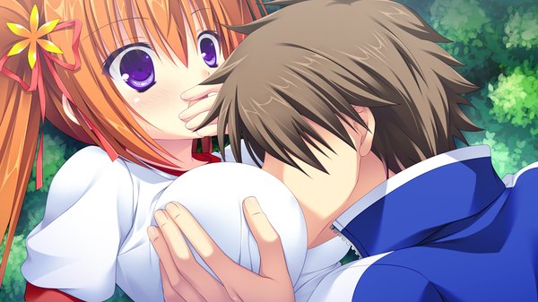 Anime picture 1024x576 with lovely quest long hair light erotic wide image purple eyes twintails game cg orange hair girl boy uniform ribbon (ribbons) hair ribbon gym uniform