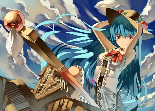 Anime picture 1000x716 with touhou hinanawi tenshi kureha (ironika) single long hair red eyes sitting blue hair sky cloud (clouds) girl dress weapon hat sword boots hisou no tsurugi