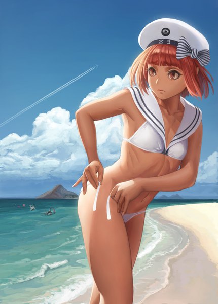 Anime picture 1075x1500 with kantai collection z3 destroyer (max schultz) yamaneko (tkdrumsco) single tall image fringe short hair light erotic brown hair standing brown eyes looking away sky cloud (clouds) blunt bangs thighs beach striped horizon tan