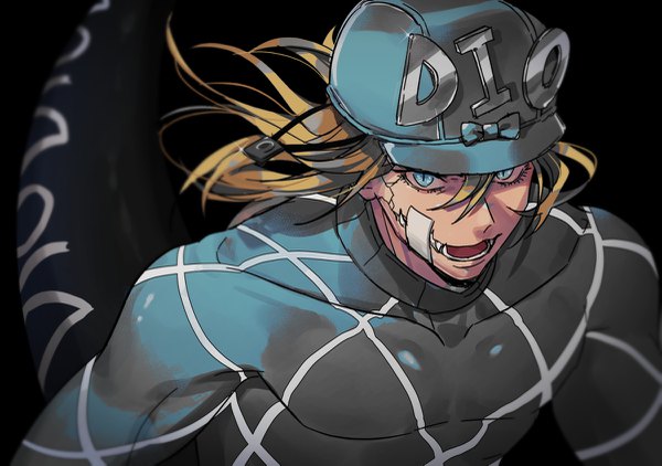 Anime picture 1200x845 with jojo no kimyou na bouken steel ball run diego brando scary monster (stand) doran7280 single long hair fringe open mouth blue eyes blonde hair hair between eyes tail from above fang (fangs) black background slit pupils stand (jojo) boy hat