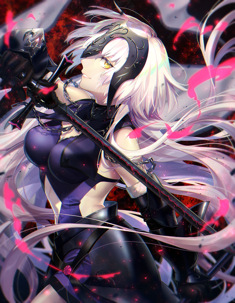 Anime picture 1785x2300 with fate (series) fate/grand order jeanne d'arc (fate) (all) jeanne d'arc alter (fate) jeanne d'arc alter (avenger) (third ascension) (fate) noes single long hair tall image looking at viewer fringe highres breasts smile holding yellow eyes white hair parted lips profile blurry