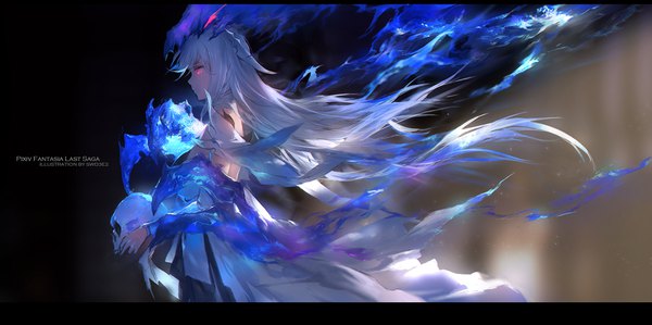 Anime picture 1701x850 with original pixiv fantasia pixiv fantasia last saga swd3e2 single long hair fringe highres red eyes wide image standing holding signed looking away white hair profile wind sparkle copyright name glowing