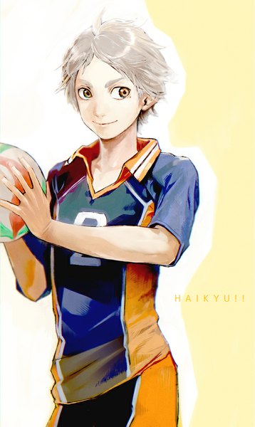 Anime picture 600x1004 with haikyuu!! production i.g sugawara koushi yanyo (ogino atsuki) single tall image short hair simple background smile brown eyes silver hair mole copyright name mole under eye volleyball boy uniform gym uniform ball volleyball ball